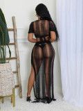 Women's Summer Sexy Side-Slit Hollow Knitting Long Skirt Two-Piece Set