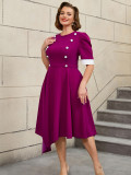 Plus Size Contrast Color Round-Neck Short-Sleeve Elegant Party Cocktail A-Line Dress