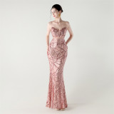 Women beaded cross Lace-Up hollow Patchwork Formal Party evening dress