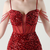 Women herringbone Lace-Up wrapped chest formal Formal Party sequined evening dress