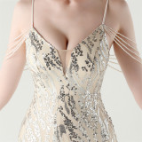 Women Backless Beaded Slit Party Evening Dress
