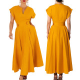 vt-Neck Short-Sleeve Slim-Waist Swing Long Dress
