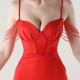 Women lace mesh herringbone Lace-Up beaded Formal Party evening dress