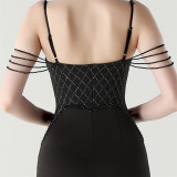Women lace mesh herringbone Lace-Up beaded Formal Party evening dress