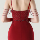 Women lace mesh herringbone Lace-Up beaded Formal Party evening dress
