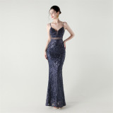 Women tulle Patchwork cross Lace-Up sequined Formal Party evening dress