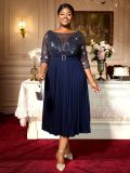 Mesh Patchwork Sequins Round-Neck Pleated A-Line Dress