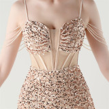 Women herringbone Lace-Up wrapped chest formal Formal Party sequined evening dress