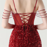 Women herringbone Lace-Up wrapped chest formal Formal Party sequined evening dress