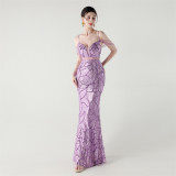 Women beaded cross Lace-Up hollow Patchwork Formal Party evening dress