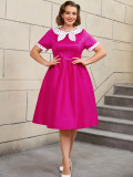 Plus Size Contrast Color Polka Dot Rose A-Line Career Dress