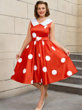 Plus Size Wedding Satin Turned-Down Collar Sleeveless Polka Dot Party A-Line Dress