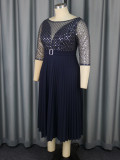 Mesh Patchwork Sequins Round-Neck Pleated A-Line Dress