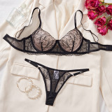 Women hollow mesh flower embroidery gathered bra See-Through Sexy Lingerie Set