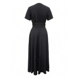 Women's Sexy V-Neck Short-Sleeve Slim-Waist Long Dress