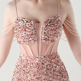 Women herringbone Lace-Up wrapped chest formal Formal Party sequined evening dress