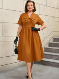 Plus Size Turned-Down Collar Lace-Up Bow Decoration A-Line Dress