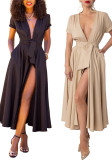Women's Sexy V-Neck Short-Sleeve Slim-Waist Long Dress