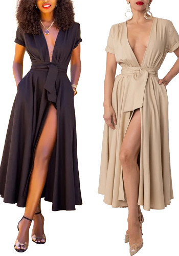 Women's Sexy V-Neck Short-Sleeve Slim-Waist Long Dress