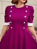 Plus Size Contrast Color Round-Neck Short-Sleeve Elegant Party Cocktail A-Line Dress