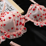 Women Sexy Lace See-Through Heart-shaped flocking Sexy Lingerie Two Piece Set