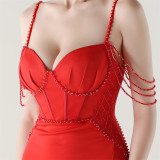 Women lace mesh herringbone Lace-Up beaded Formal Party evening dress