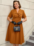 Plus Size Turned-Down Collar Lace-Up Bow Decoration A-Line Dress