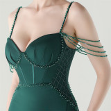 Women lace mesh herringbone Lace-Up beaded Formal Party evening dress
