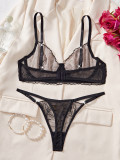 Women hollow mesh flower embroidery gathered bra See-Through Sexy Lingerie Set