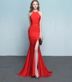 Plain Solid Halter Slit Mermaid Evening Dress