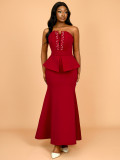 Strapless Beaded Fishtail Ruffled Slim Long Evening Dress