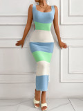 Spring Summer Multi-Color Striped Contrast Sleeveless Low-Back Lace-Up Slim Holidays Beach Knitting Dress