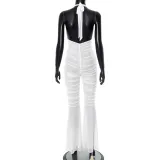 Women's Spring and Summer Deep V-Neck Halter-Neck Lace-Up Low-Back Gathered Bell-Bottom Jumpsuit