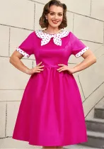 Plus Size Contrast Color Polka Dot Rose A-Line Career Dress