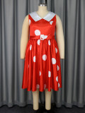Plus Size Wedding Satin Turned-Down Collar Sleeveless Polka Dot Party A-Line Dress