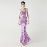 Women See-Through Mesh back cross Lace-Up fishtail sequined evening dress