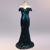Off-Shoulder Slim Fit Sequin Fishtail Long Formal Party Evening Dress