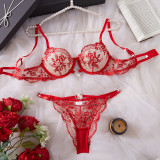 Women embroidered gathered mesh Sexy Lingerie Set