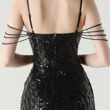 Women Backless Beaded Slit Party Evening Dress