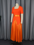 Square-Neck Contrast Patchwork Slim Long Party Evening Dress