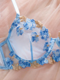 Women French sweet mesh embroidered lace bra See-Through Sexy Lingerie Set