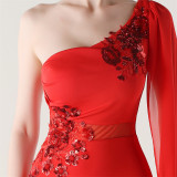 Women Tulle Shawl Beaded Tube Embroidery One Shoulder Evening Dress​