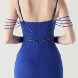 Women lace mesh herringbone Lace-Up beaded Formal Party evening dress