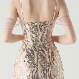 Women Backless Beaded Slit Party Evening Dress