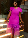 Fashion V-Neck Puff-Sleeve Mesh Patchwork Fashion Fishtail Party Dress