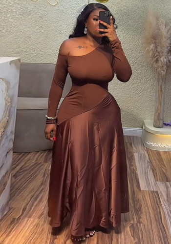 Women's Summer Slash-Shoulder High-Waist Slim Fit A-Line Long Dress