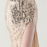 Women Backless Beaded Slit Party Evening Dress