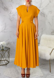 vt-Neck Short-Sleeve Slim-Waist Swing Long Dress