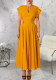 vt-Neck Short-Sleeve Slim-Waist Swing Long Dress