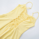 Women Lace Gathered Suspender Lace-Up Dress